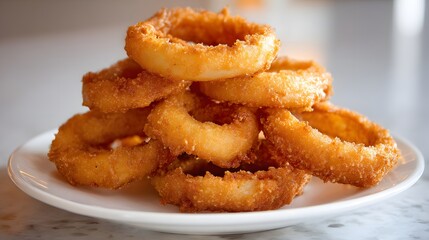 Crispy Golden Onion Rings Stacked on a White Plate.