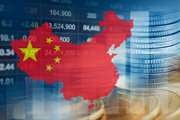 China flag with stock market finance, economy trend graph digital technology.
