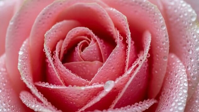 A close-up view of a delicate pink rose bud with water droplets adorning its petals