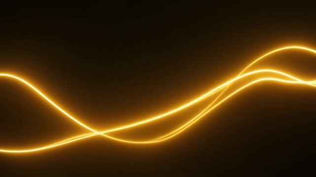 Abstract visualization of flowing golden orange neon light energy wave simulating complex data transmission or sound frequency modulation across a dark deep black
