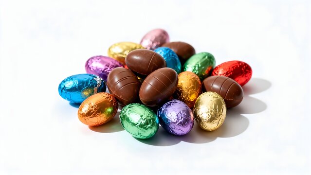 Highly detailed studio photo of a small pile of chocolate mini Easter eggs with colorful wrappers, isolated on pure white background, soft shadow.