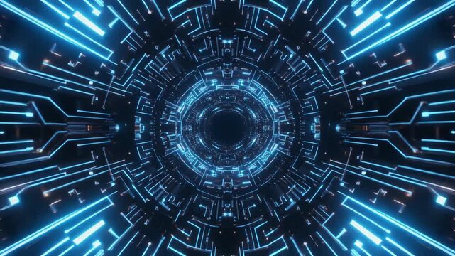 Hypnotic deep space travel through a glowing blue digital circuit tunnel, abstract futuristic technology vortex motion background, high speed data stream corridor