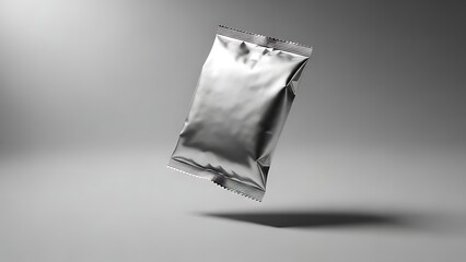 Fototapeta premium a shiny silver foil packet floating in the air