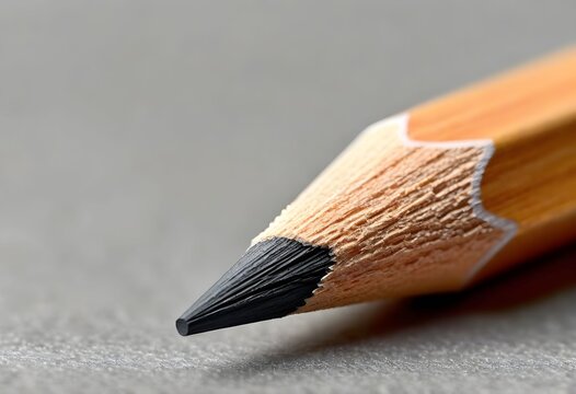A sharp pencil lies on a gray surface with its tip pointing left.