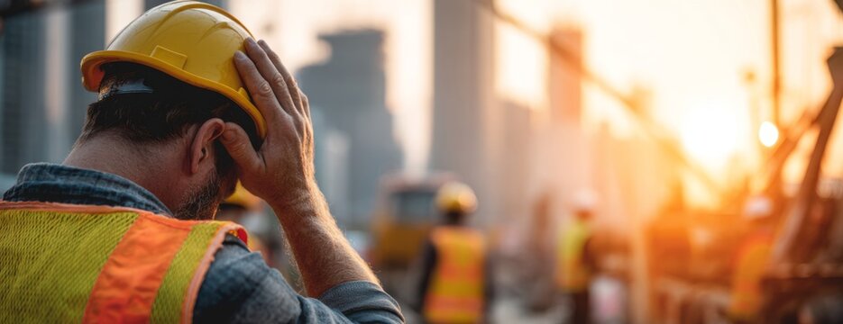 Construction worker man holding head in pain at site during sunset  