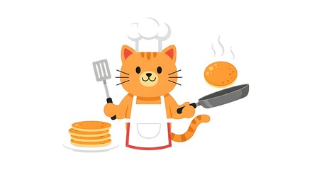 Playful Cartoon Cat Chef Cooking Pancakes in Kitchen.