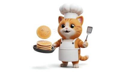 Playful Cartoon Cat Chef With Burger Plate and Spatula.
