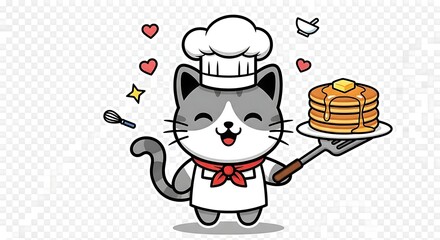 Cute Chef Cat Serving Pancakes Illustration.