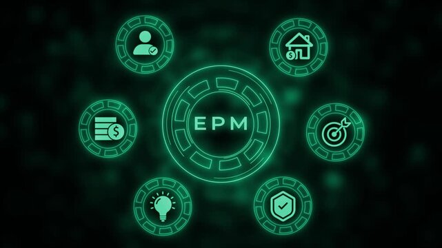 EPM concept with interconnected representing business goals and financial performance on a dark blurred background with glowing neon green outlines and bokeh effect