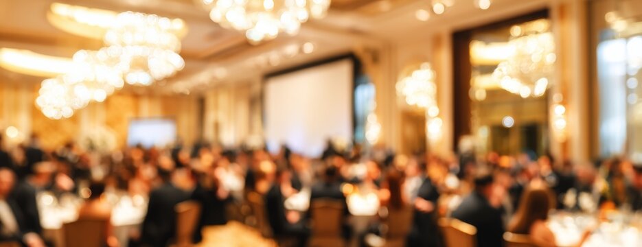 Elegant gala dinner with guests socializing in a luxurious ballroom, blurred background   