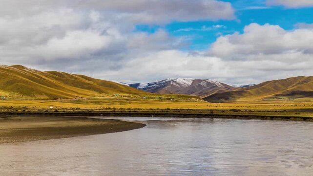 Aba Prefecture Golden Grassland with Snow-Capped Mountains and River