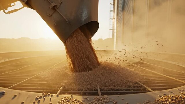 Grain pouring into silo from auger, agricultural harvest, golden hour sunlight