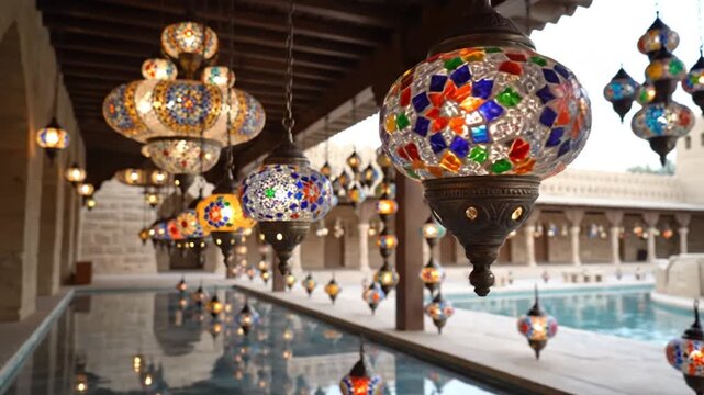 Colorful mosaic lanterns illuminate pool in traditional Middle Eastern courtyard
