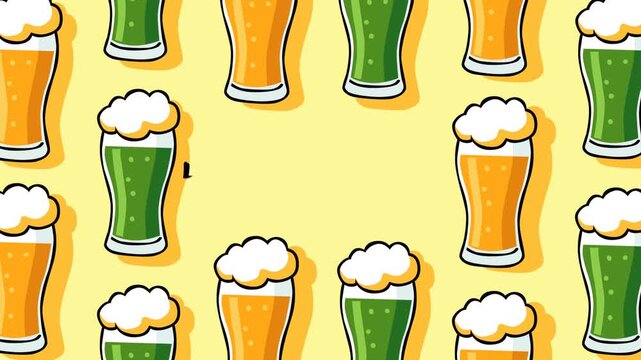 Cheerful Saint Patrick&rsquo;s Day footage featuring repeating green and golden beer glasses with &ldquo;Happy St Patrick&rdquo; text on a bright yellow background. Ideal for festive promos, and holiday themes
