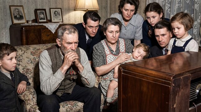 Family gathered around an old radio listening intently in a vintage living room scene