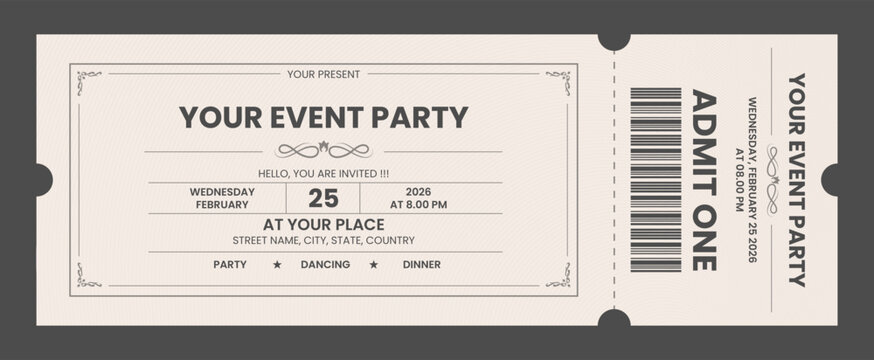 Vintage style event ticket template. Retro ticket design for multipurpose.