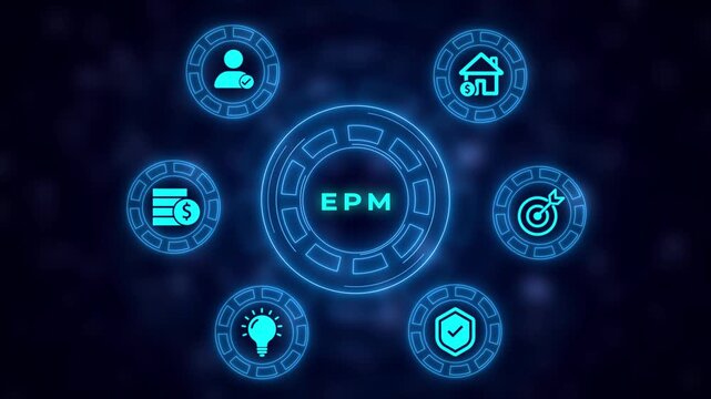 EPM Enterprise Performance Management concept with interconnected for finance, goals, and housing in glowing blue neon on a dark bokeh background Keywords: EPM, enterprise, performance
