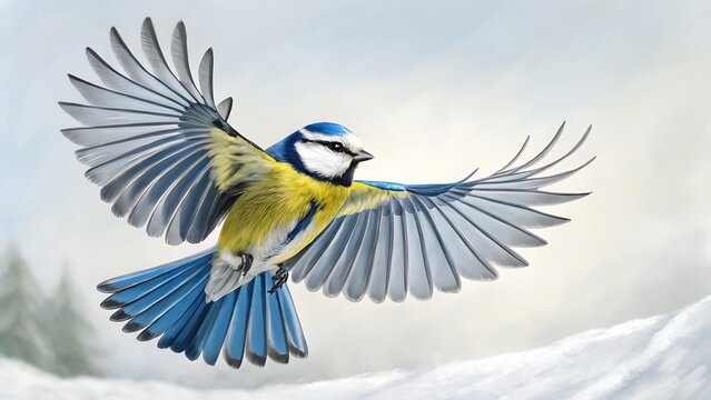 Eurasian blue tit bird flying in clear sky with wings spread vibrant yellow blue feathers nature wildlife