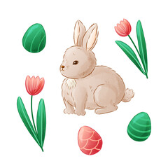 Set of Easter illustrations featuring cute gray bunny, tulips and colored eggs. Easter design element. Textured vector illustration. Watercolor effect.