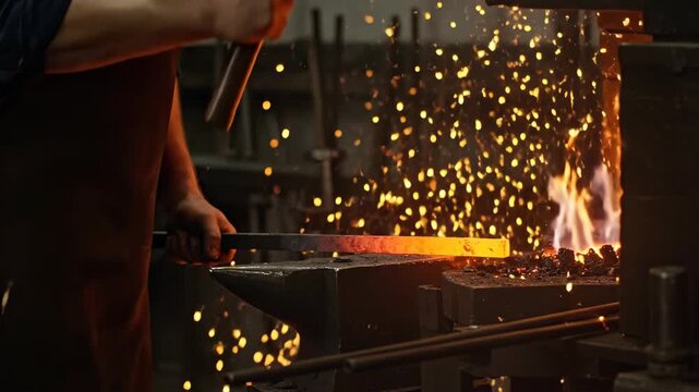 A blacksmith forges metal, surrounded by sparks and fire.