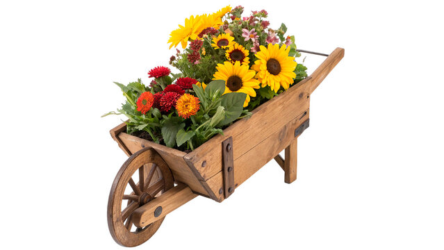 Wooden wheelbarrow filled with colorful flowers isolated on transparent background cut out