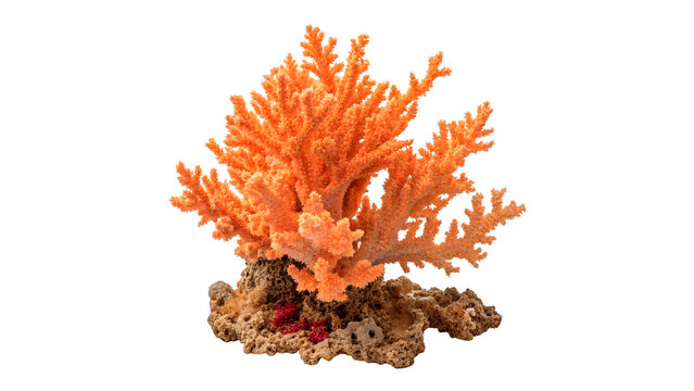 Coral reef system showing vibrant orange coral structures isolated on transparent background cut out