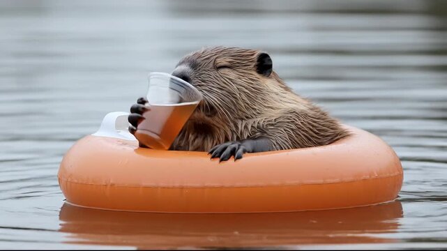 A beaver enjoying a drink while floating on water in an orange tube.