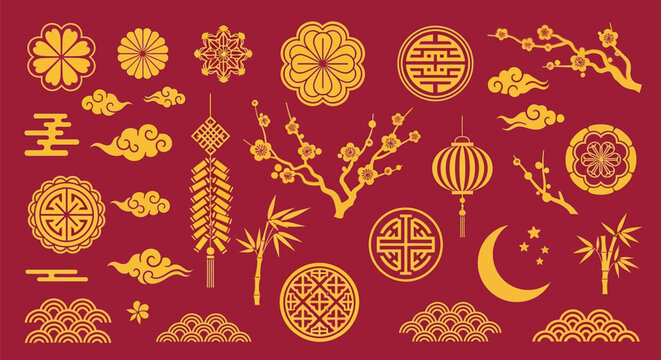 A vibrant collection of traditional golden Chinese New Year decorative elements and symbols on a rich red background.