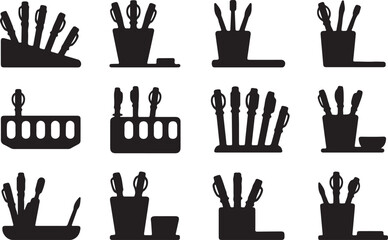 Collection of makeup brush holders with various brushes