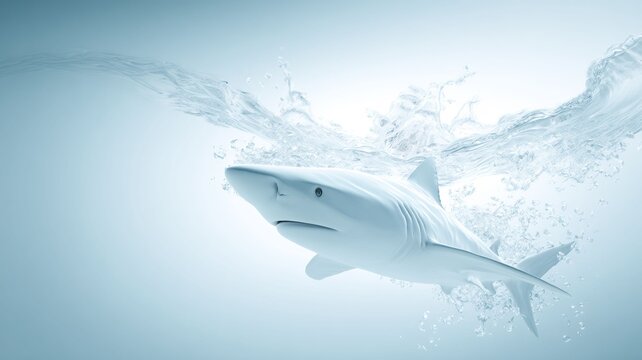 Great white shark swimming underwater with powerful motion against clear ocean background