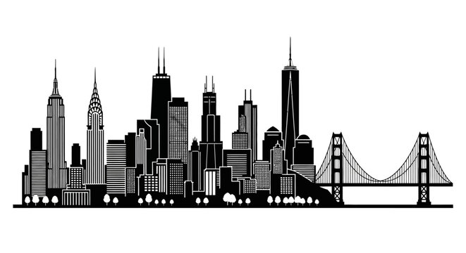 Iconic City Skyline Silhouette with Golden Gate Bridge and Modern Tower on Isolated White Background