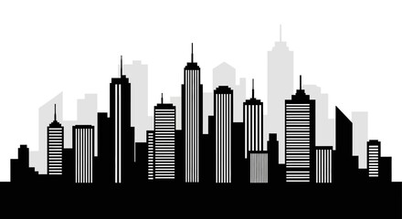 Obraz premium Detailed Black and Grey City Skyline Silhouette with Commercial Buildings on Isolated White Background