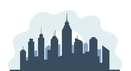Obraz premium Stylized Blue City Skyline Silhouette with Skyscraper and Clouds in Bright Studio