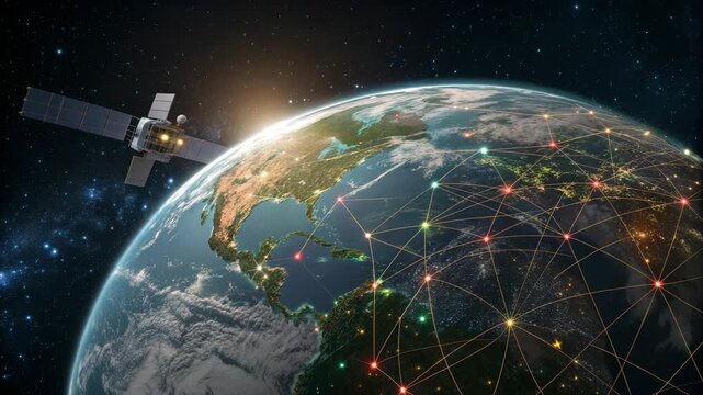 Earth Network Satellite Orbiting Planet Global Connectivity Data Flow Stock Footage