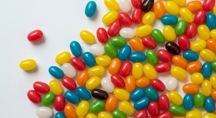 キラキラと輝く様々な色のジェリービーンズが真っ白な背景に楽しく散らばり視覚的に甘く魅力的な瞬間を捉えた鮮明な写真. AI Generated