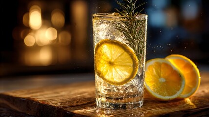 Refreshing Gin and Tonic Cocktail with Lemon and Rosemary Garnish.