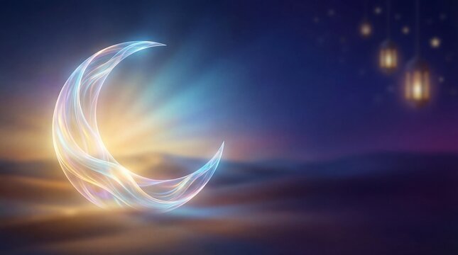 Ethereal Glowing Crescent Moon with Radiant Light Trails and Traditional Lanterns Against a Mystical Starry Night Sky, Perfect for Ramadan and Eid ...