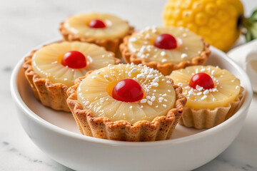 Close up of homemade pineapple tarts or Nastar served on a white bowl.