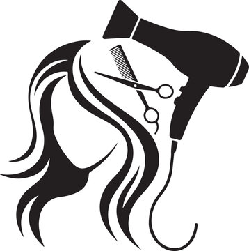 A stylish silhouette depicting a womans flowing hair with salon tools hairdryer comb scissors