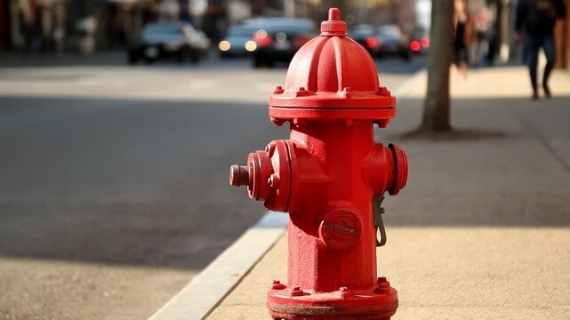 Red Fire Hydrant on City Street with Passing Cars | Urban Stock Footage