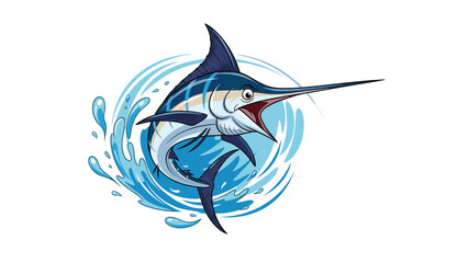 Fototapeta premium Dynamic illustration of a blue marlin leaping through splashing water is presented in a colorful and detailed vector graphic.