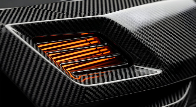 Close up of a car's carbon fiber body panel with a glowing orange vent detail showcasing automotive design and modern luxury materials