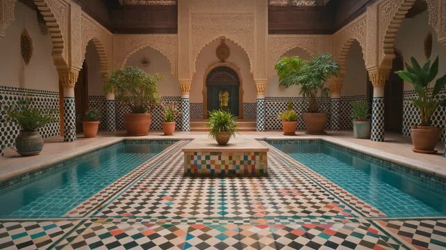 Traditional Moroccan Riad Courtyard with Mosaic Tiles and Swimming Pool
