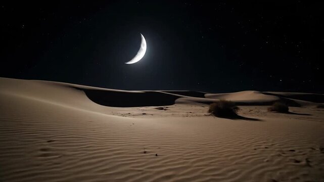 The magical crescent moon brightly illuminates the massive sand dunes and vast desert landscape under a dark, star-filled night sky, casting long shadows across the ripple texture of the arid