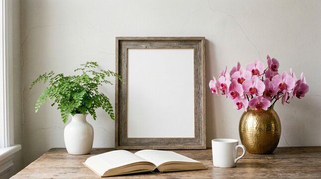 Empty wooden picture frame on rustic table, fern and pink orchids beside open book and white mug