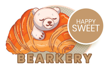 Kawaii Polar Bear Croissant Illustration - Cute Sleeping Bear Character in Golden Pastry for "Bearkery" Branding