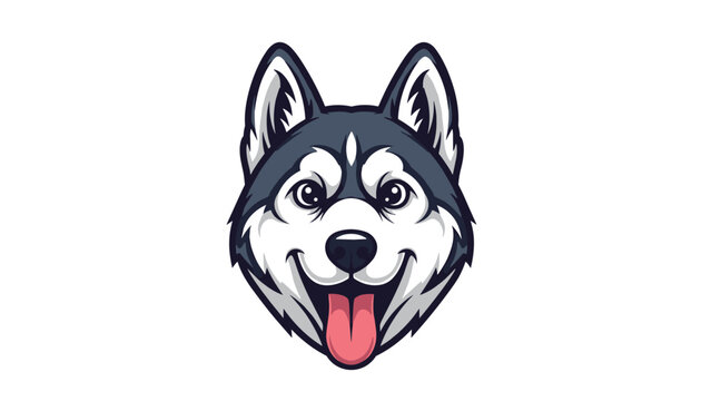 Friendly and smiling husky dog head mascot logo with a pink tongue sticking out, presented in a clean vector style.