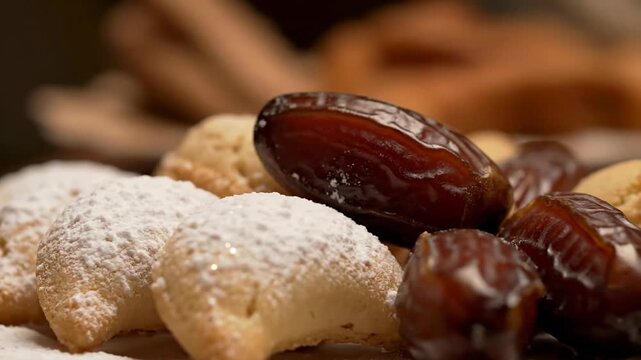 Delicious crescent shortbread cookies dusted with bright white powdered sugar are elegantly displayed next to plump, rich Medjool dates on a dark, warm, and appetizing food platter.