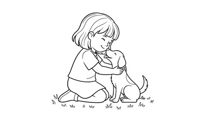 Obraz premium Heartwarming black and white line drawing of a young girl kneeling on the grass while tenderly hugging her small pet dog.