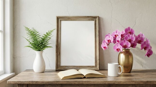 Empty wooden picture frame on rustic table, fern and pink orchids beside open book and white mug